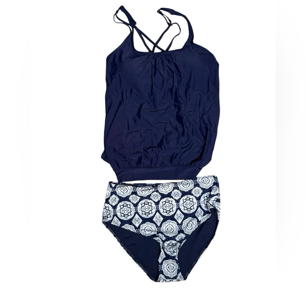 Tempt Me navy Tankini Abstract bottoms Large cross cross‎ straps in back